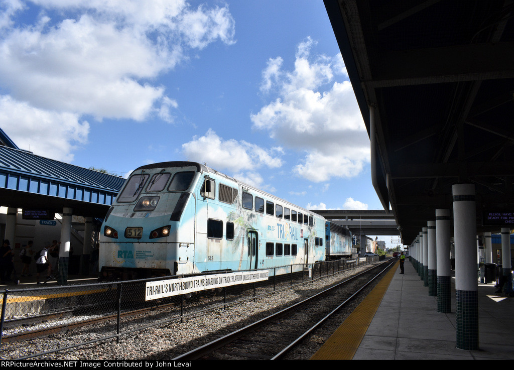 Tri-Rail shuttle train at Metrorail Transfer Station with Rotem Cab Car # 512 in the lead 